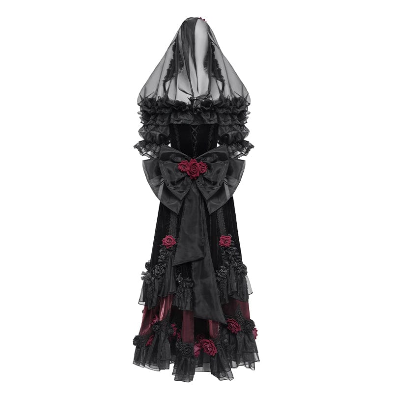 Women's Custom-made Gothic Rose Bowknot Beaded Off Shoulder Gown Black Dress Wedding Dress with Veil - Image 10
