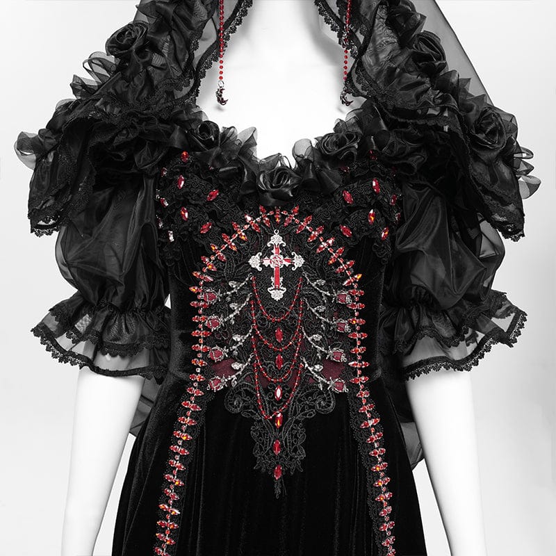 Women's Custom-made Gothic Rose Bowknot Beaded Off Shoulder Gown Black Dress Wedding Dress with Veil - Image 13