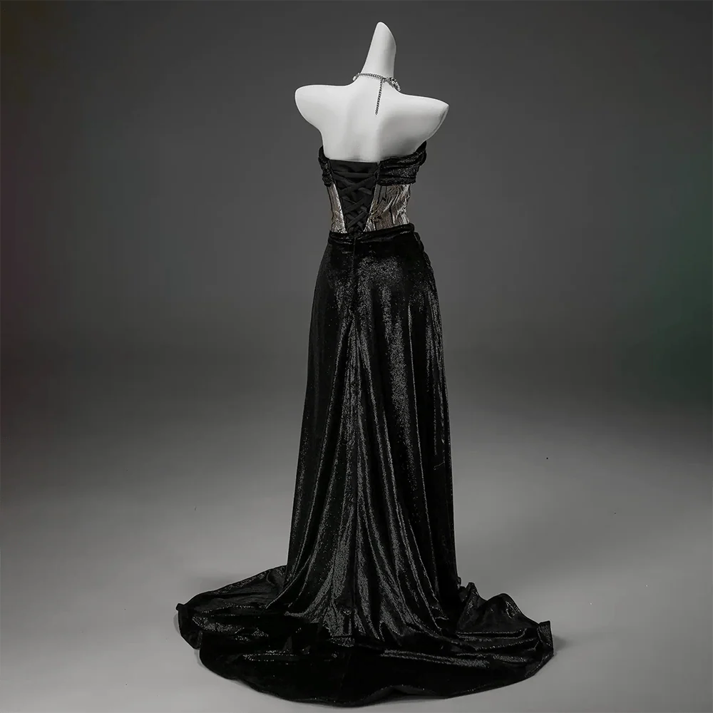 Women's Custom-made Vintage Gothic Lucky Bamboo Off Shoulder Strapless Velvet Gown Wedding Dress - Image 3