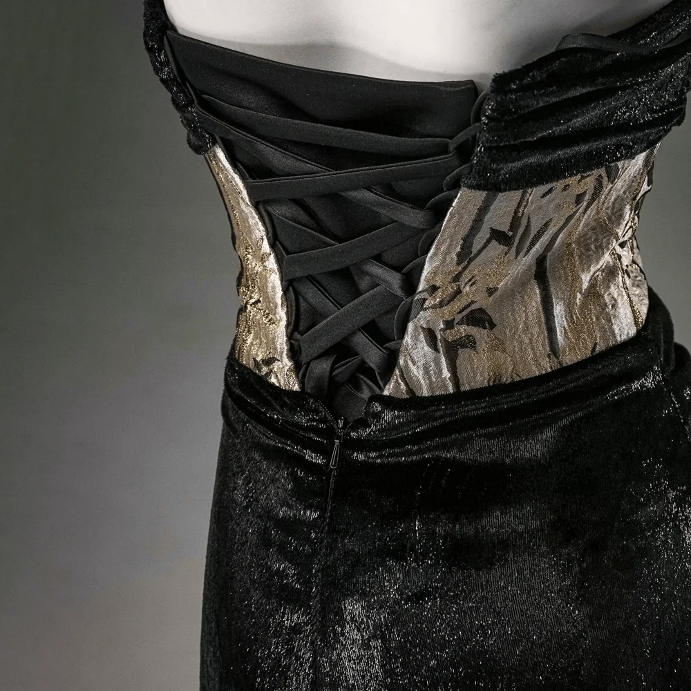 Women's Custom-made Vintage Gothic Lucky Bamboo Off Shoulder Strapless Velvet Gown Wedding Dress - Image 5