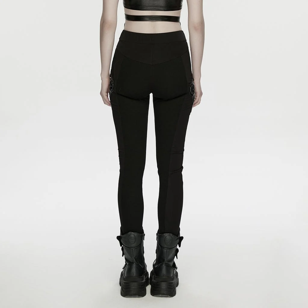 Women's Cyberpunk Armor-Accentuated Paneled Leggings Black - Image 3