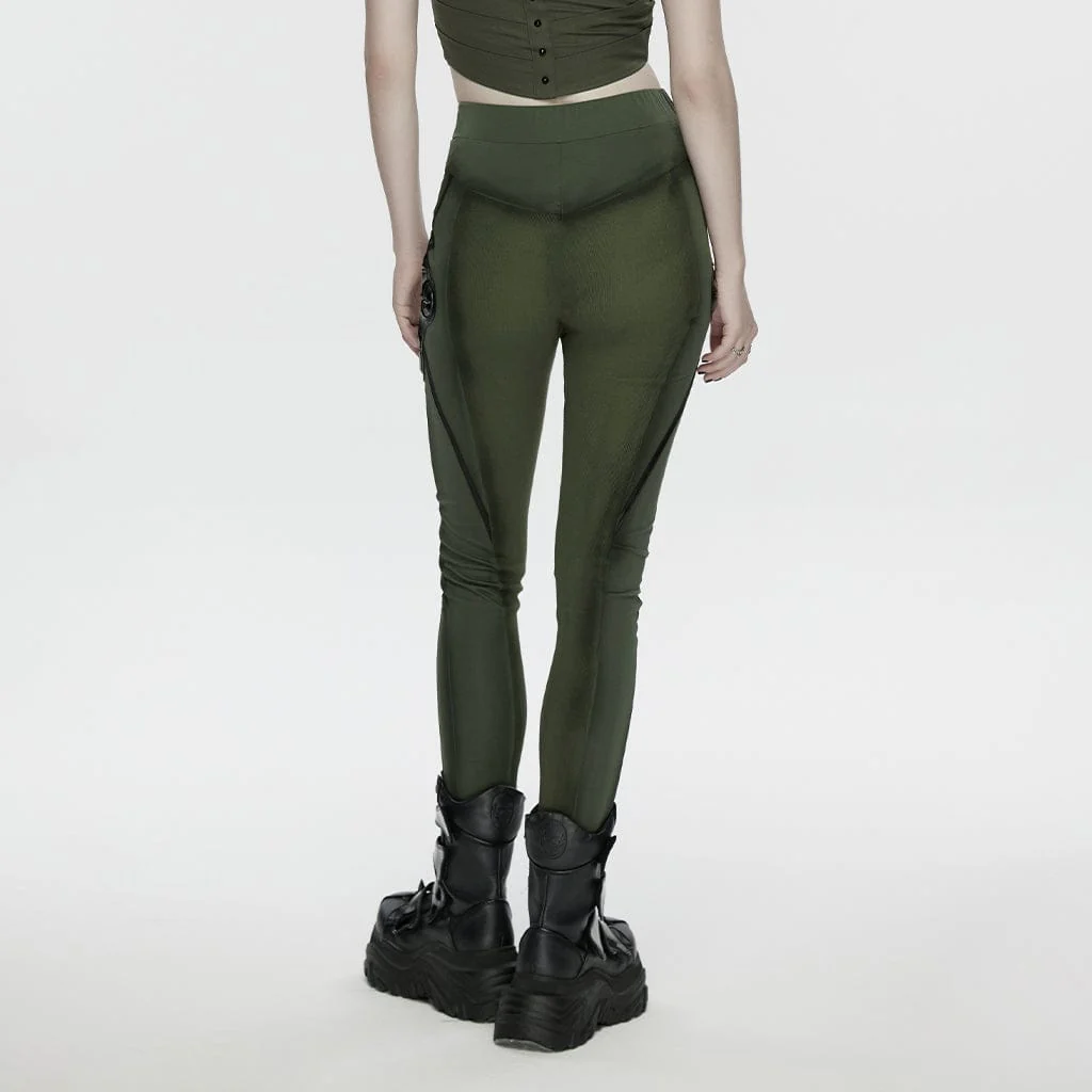 Women's Cyberpunk Armor-Accentuated Paneled Leggings Black-Green - Image 3