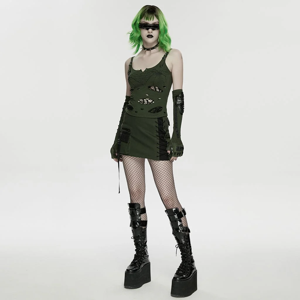 Women's Cyberpunk Asymmetrical Mesh Splice Bodycon Skirt Black-Green - Image 4