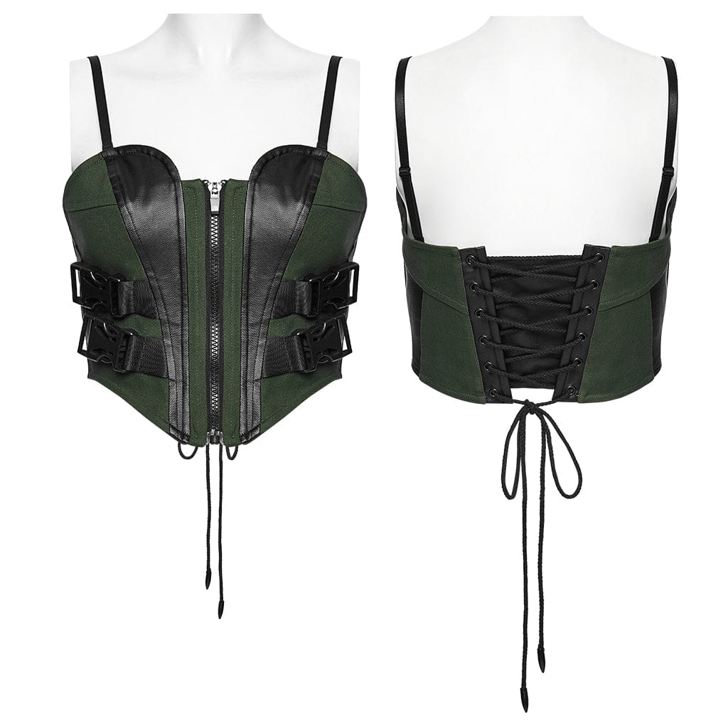 Women's Cyberpunk Buckle Lace-up Slip Bustier Black-Green - Image 5