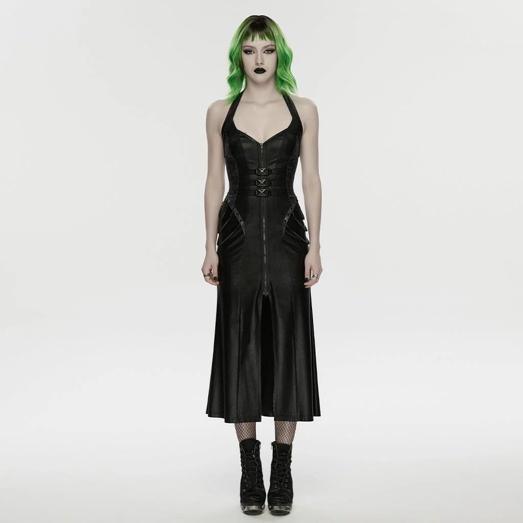Women's Cyberpunk Buckle-up Zip Halterneck Maxi Dress Black