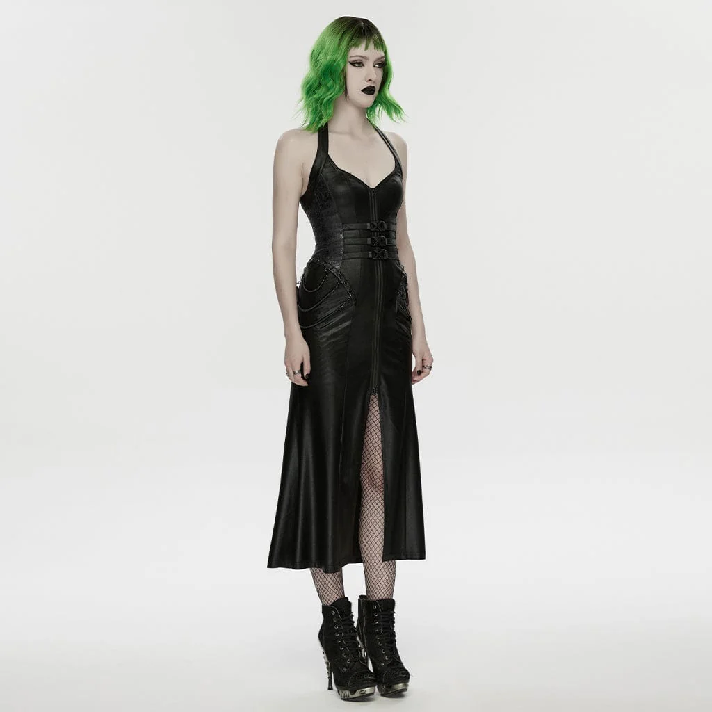 Women's Cyberpunk Buckle-up Zip Halterneck Maxi Dress Black - Image 2