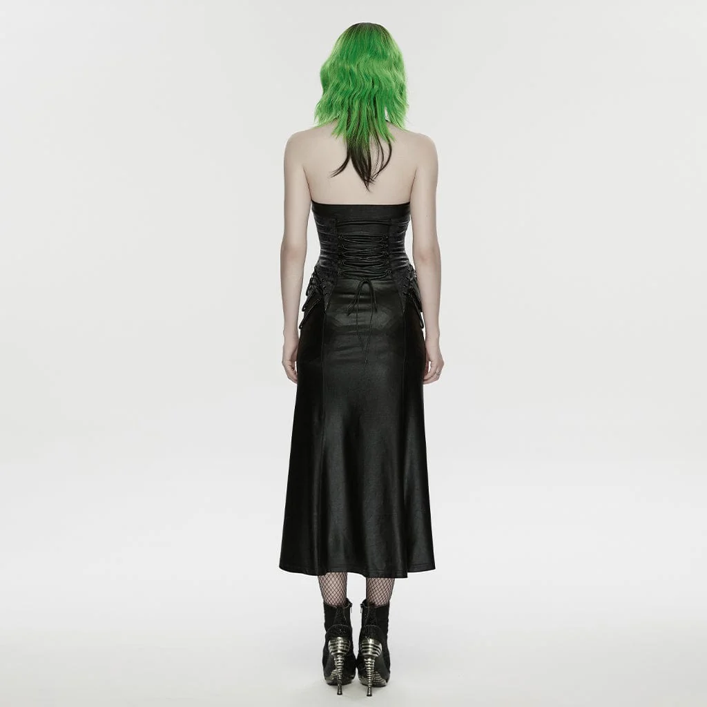 Women's Cyberpunk Buckle-up Zip Halterneck Maxi Dress Black - Image 3