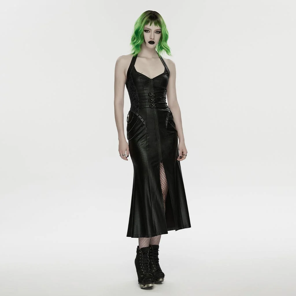 Women's Cyberpunk Buckle-up Zip Halterneck Maxi Dress Black - Image 4