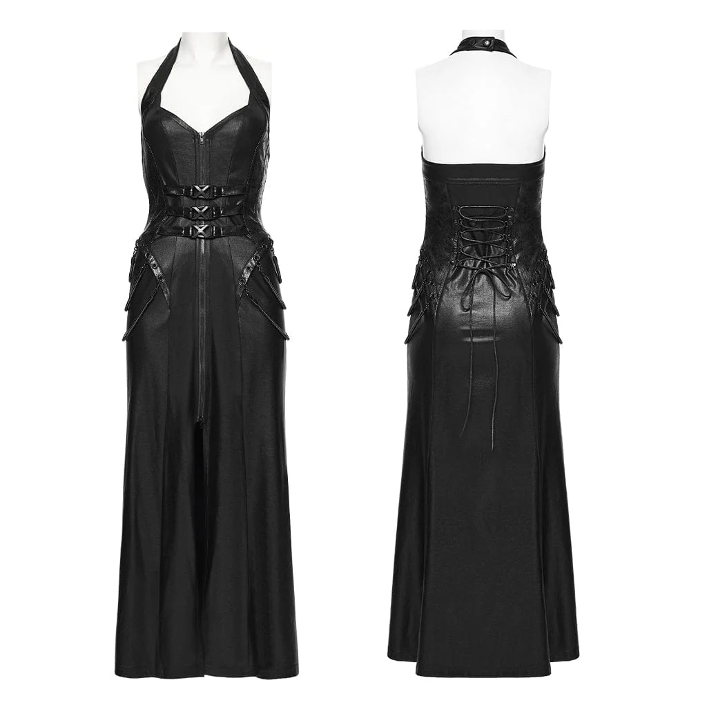 Women's Cyberpunk Buckle-up Zip Halterneck Maxi Dress Black - Image 5