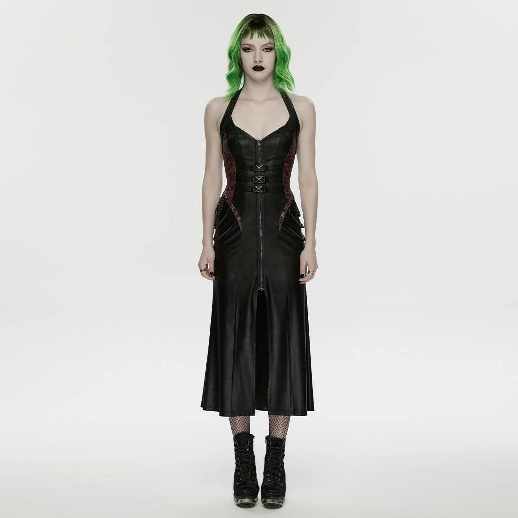 Women's Cyberpunk Buckle-up Zip Halterneck Maxi Dress Black-Red