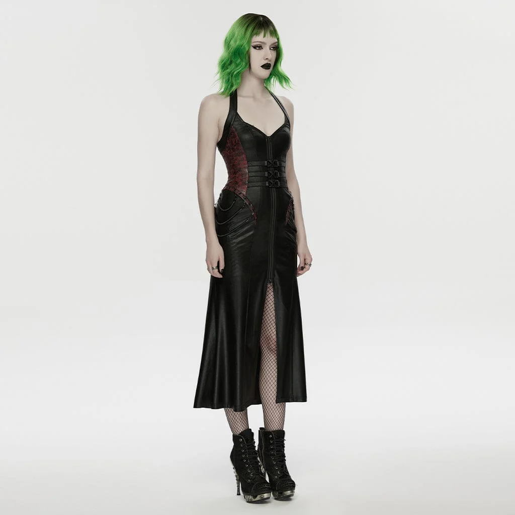 Women's Cyberpunk Buckle-up Zip Halterneck Maxi Dress Black-Red - Image 2