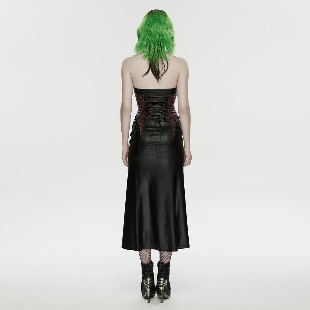 Women's Cyberpunk Buckle-up Zip Halterneck Maxi Dress Black-Red - Image 3