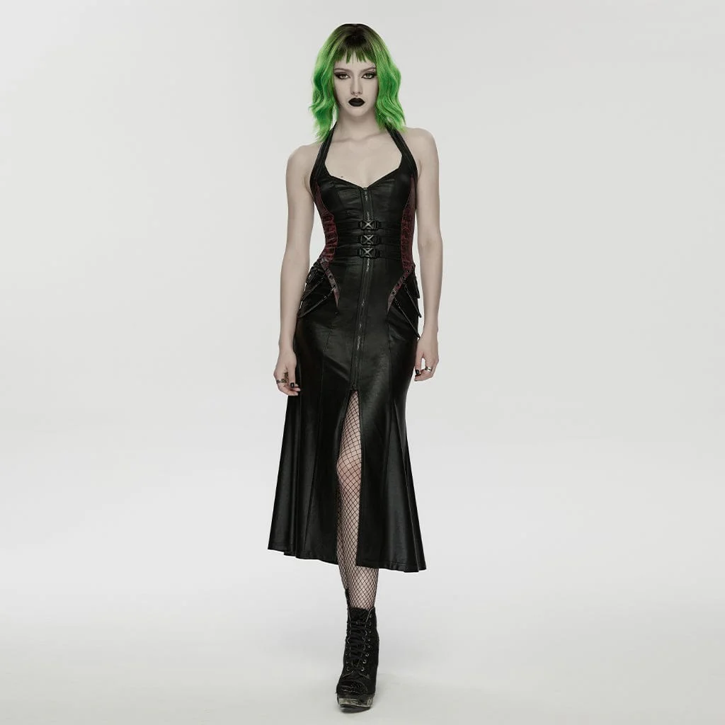 Women's Cyberpunk Buckle-up Zip Halterneck Maxi Dress Black-Red - Image 4