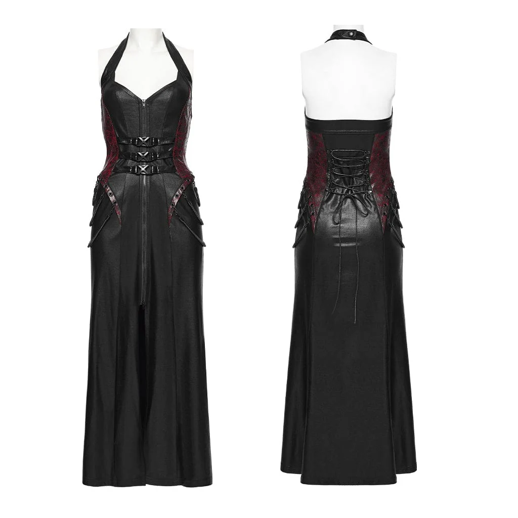 Women's Cyberpunk Buckle-up Zip Halterneck Maxi Dress Black-Red - Image 5