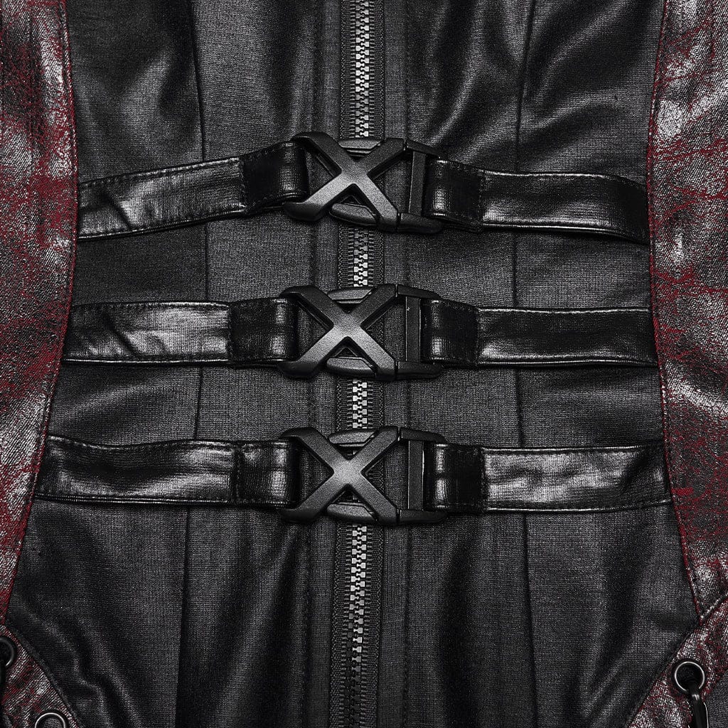 Women's Cyberpunk Buckle-up Zip Halterneck Maxi Dress Black-Red - Image 7