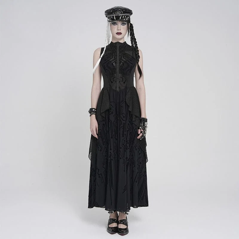 Women's Cyberpunk Circuit Board Printed Sleeveless Maxi Dress Wedding Dress