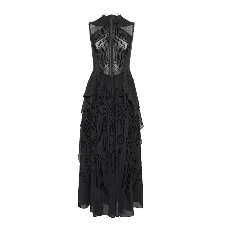 Women's Cyberpunk Circuit Board Printed Sleeveless Maxi Dress Wedding Dress - Image 6