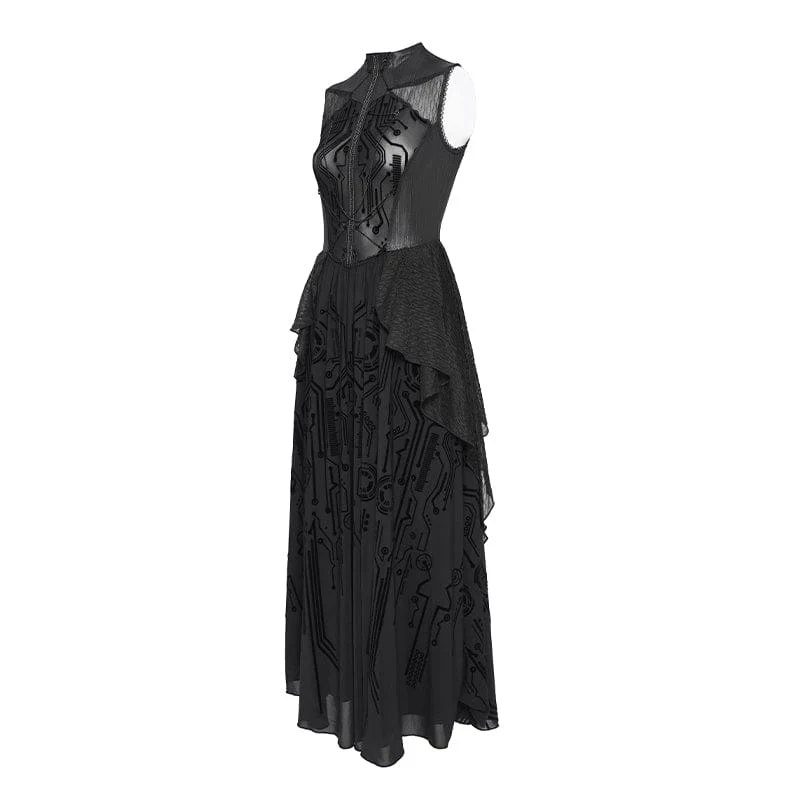 Women's Cyberpunk Circuit Board Printed Sleeveless Maxi Dress Wedding Dress - Image 7