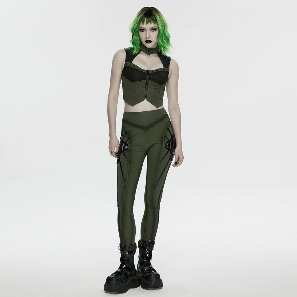 Women's Cyberpunk Cutout Studded Mechanical Vest Black-Green - Image 4