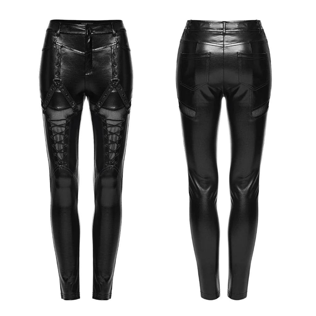 Women's Cyberpunk Eyelet Mesh Splice Leggings Black - Image 5