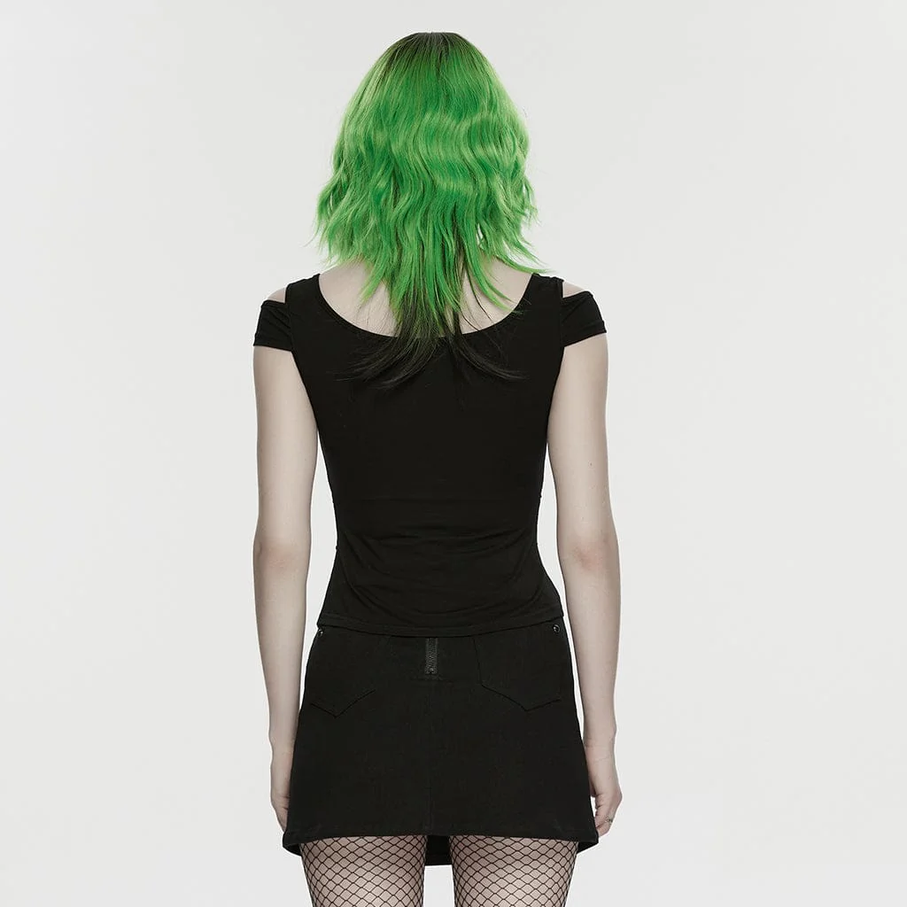 Women's Cyberpunk Mesh Rivets Short Sleeved T-shirt Black - Image 3