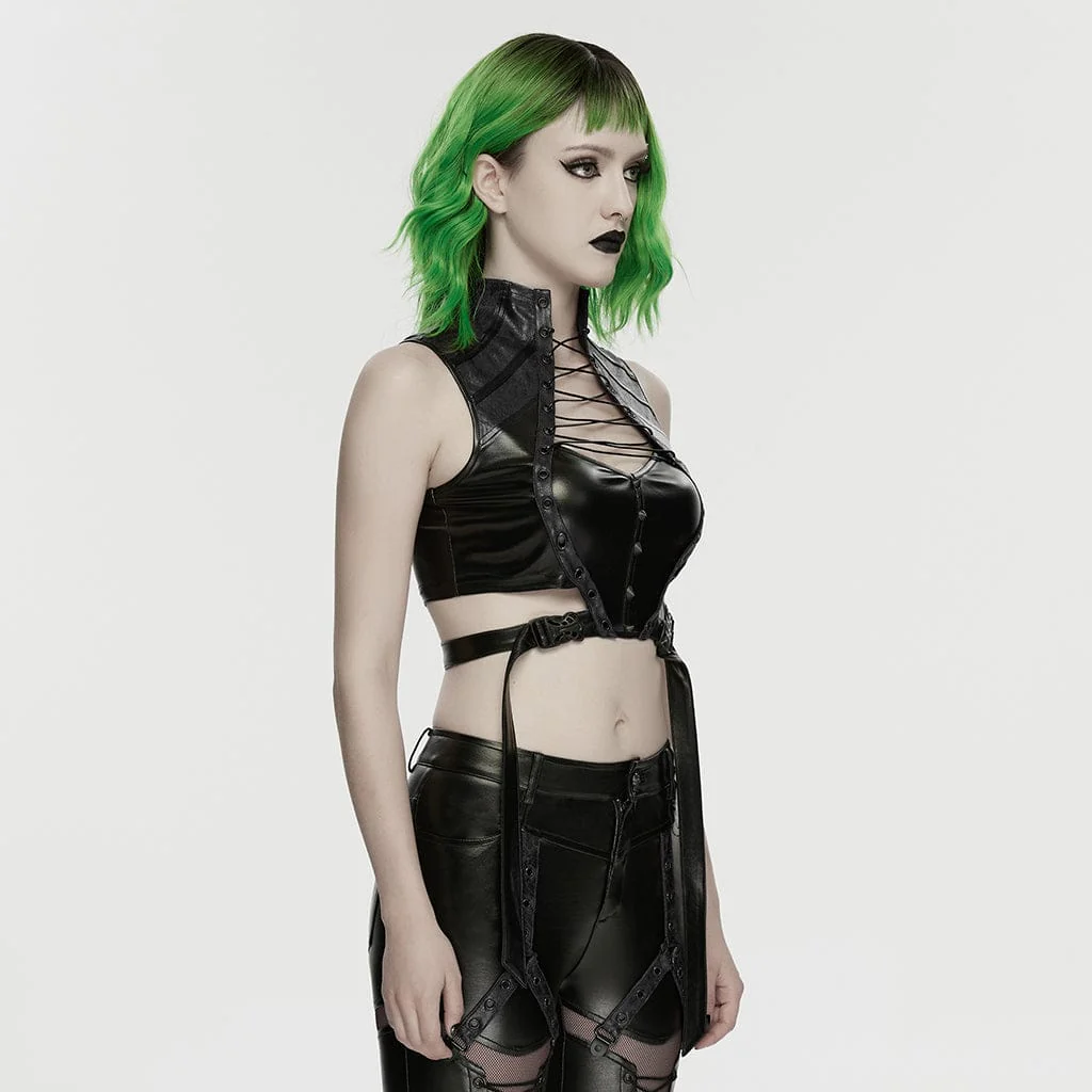 Women's Cyberpunk Studded Cutout Strappy Crop Top Black - Image 2