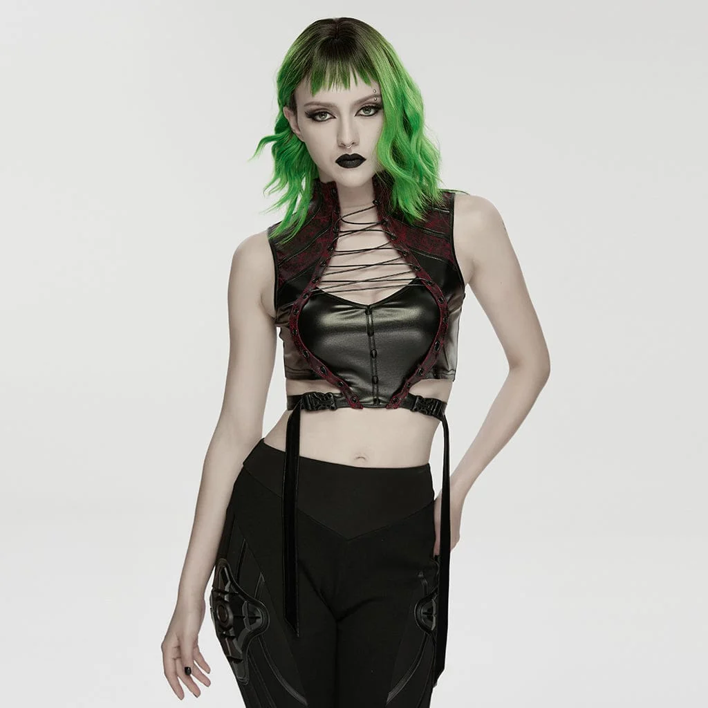 Women's Cyberpunk Studded Cutout Strappy Crop Top Black-Red
