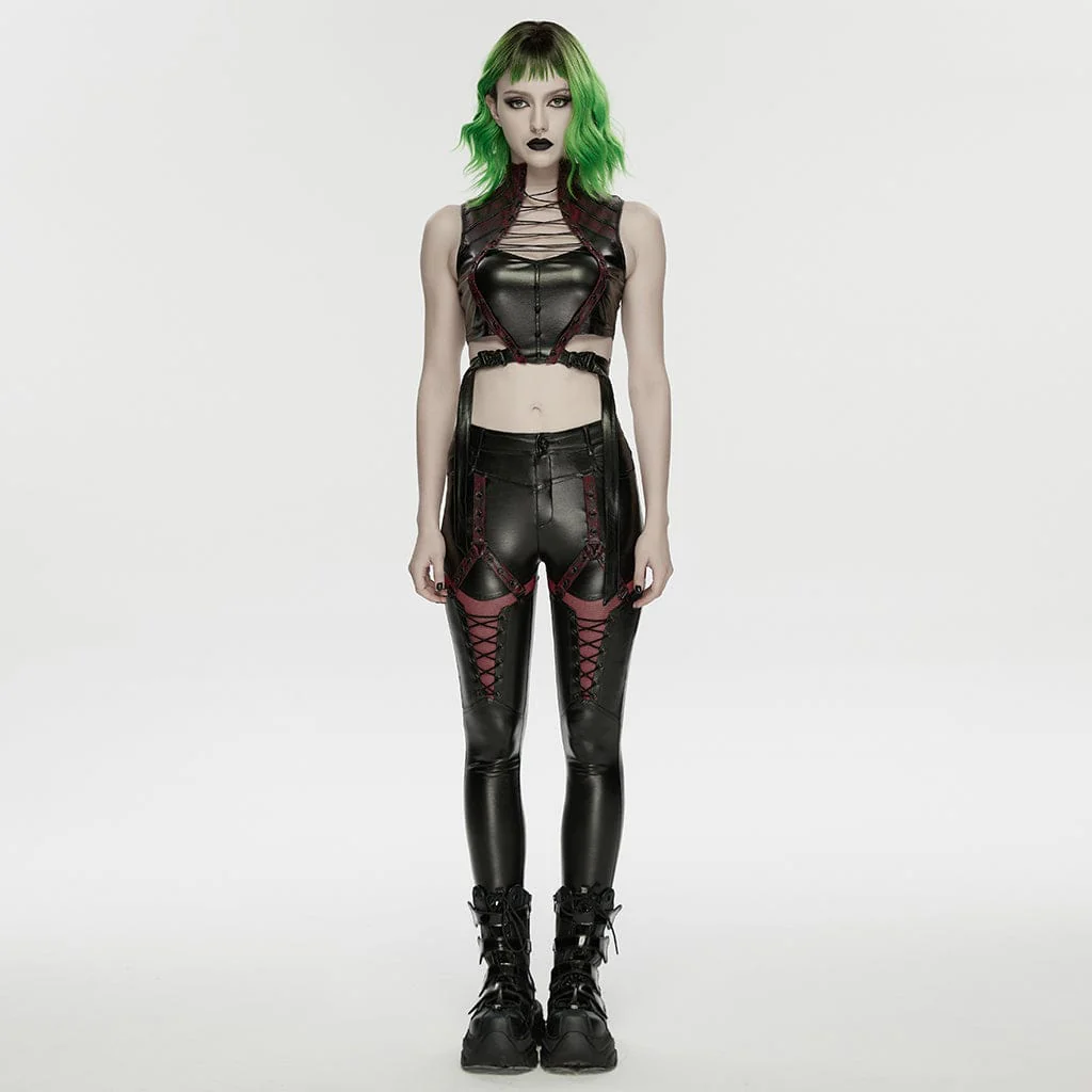 Women's Cyberpunk Studded Cutout Strappy Crop Top Black-Red - Image 4