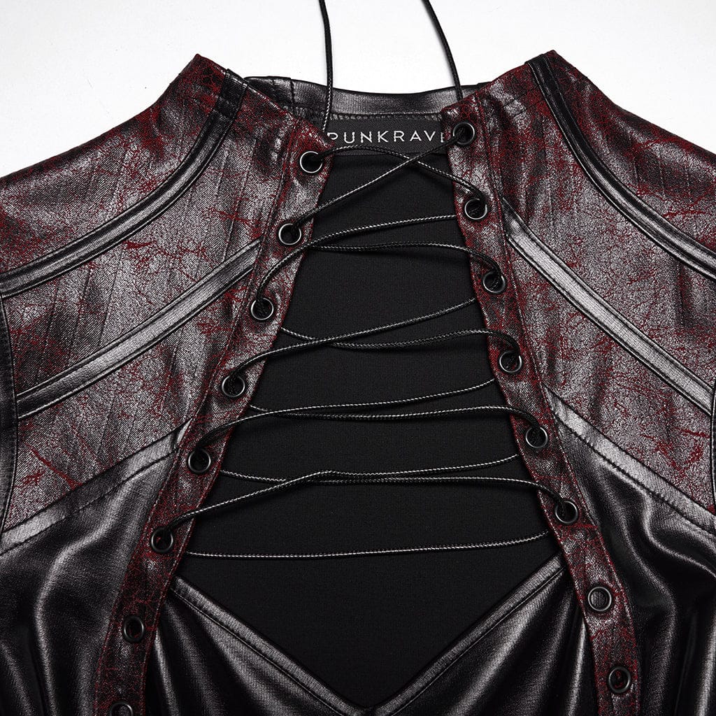 Women's Cyberpunk Studded Cutout Strappy Crop Top Black-Red - Image 6