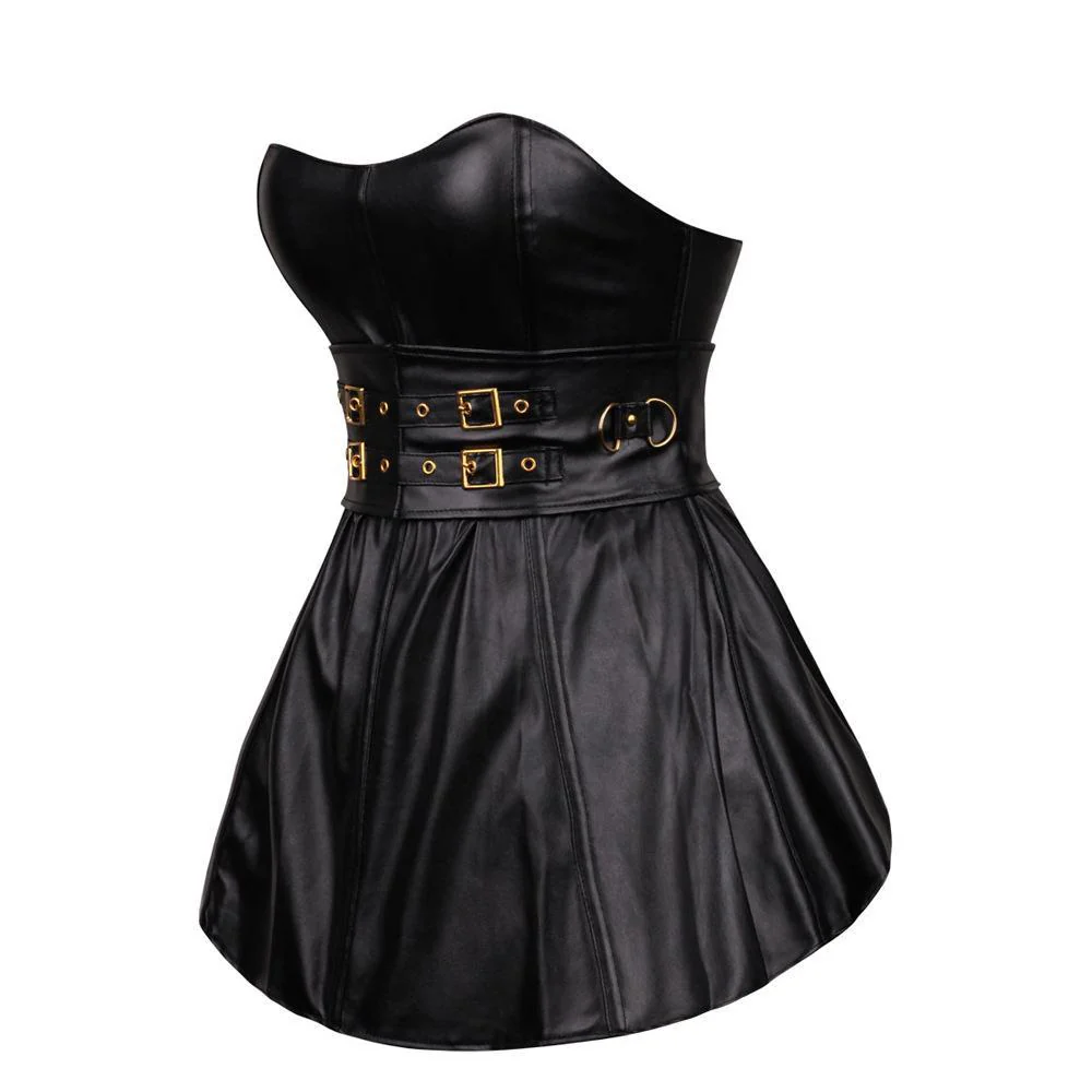 Women's Double Breasted Faux Leather Bustier Corset Top With Skirt - Image 3