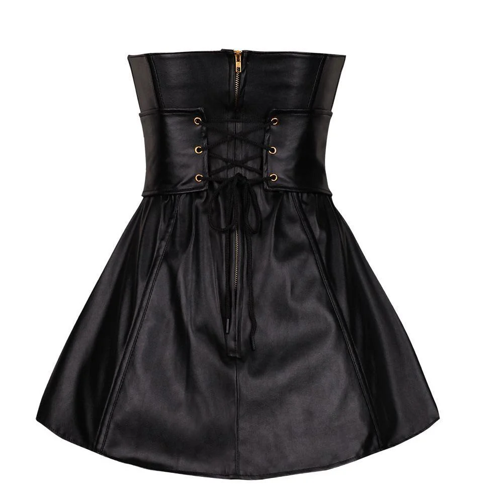 Women's Double Breasted Faux Leather Bustier Corset Top With Skirt - Image 4