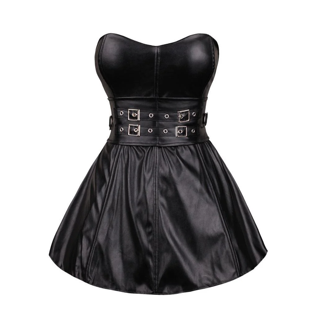 Women's Double Breasted Faux Leather Bustier Corset Top With Skirt - Image 5
