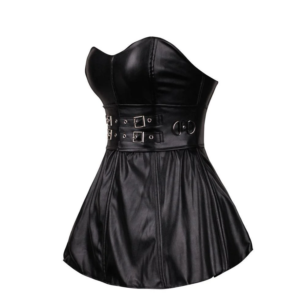Women's Double Breasted Faux Leather Bustier Corset Top With Skirt - Image 6