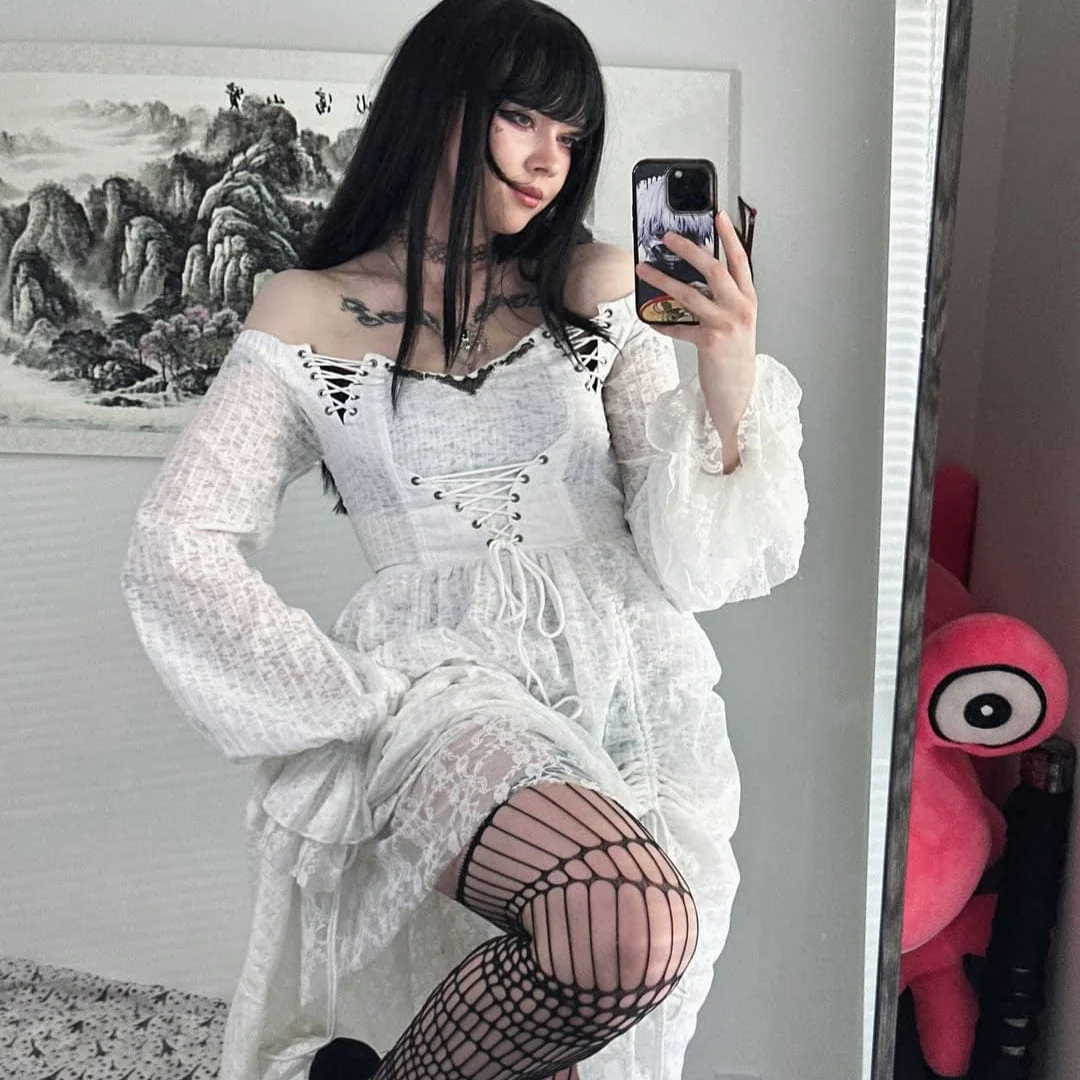 Women's Goth Cold Shoulder Puff Sleeved Little Dresses With Mesh Ruffles - Image 10