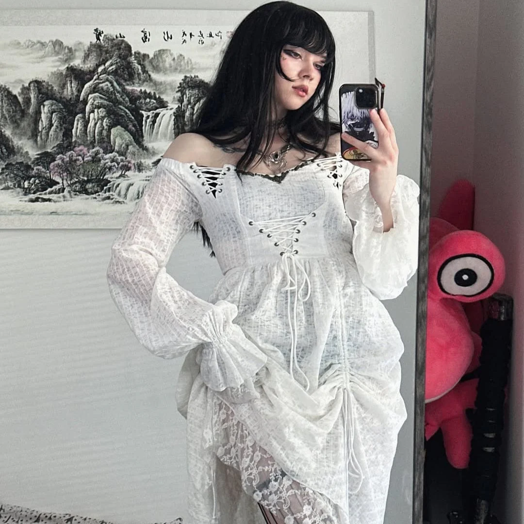 Women's Goth Cold Shoulder Puff Sleeved Little Dresses With Mesh Ruffles - Image 11