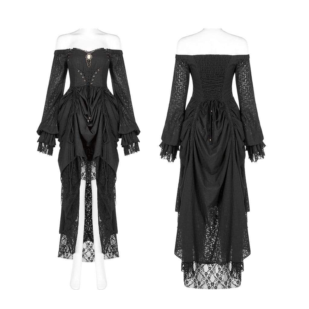 Women's Goth Cold Shoulder Puff Sleeved Little Dresses With Mesh Ruffles - Image 12