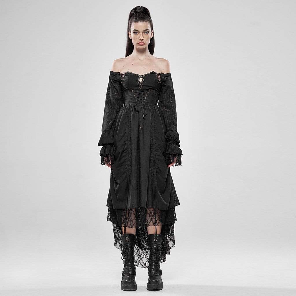 Women's Goth Cold Shoulder Puff Sleeved Little Dresses With Mesh Ruffles - Image 3