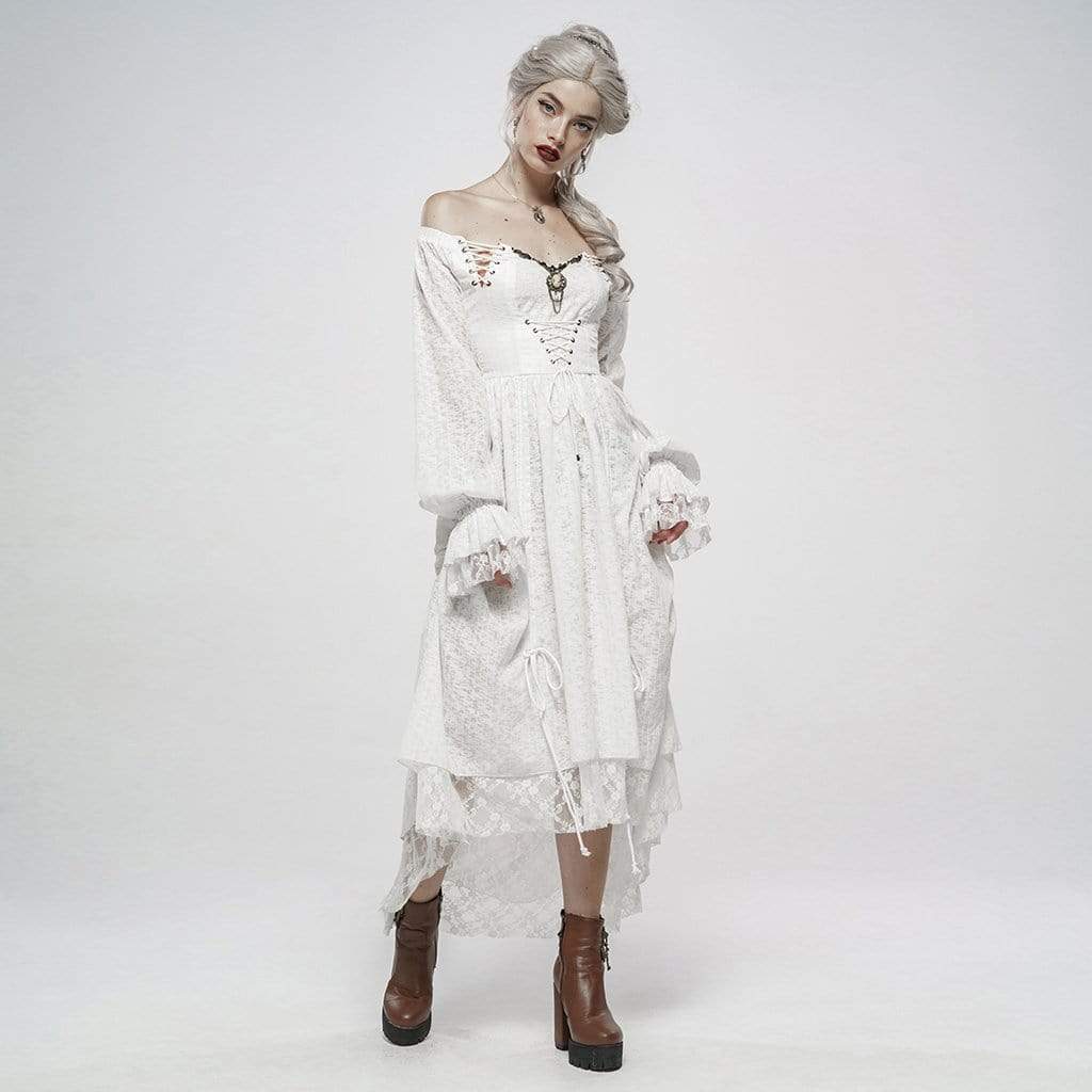 Women's Goth Cold Shoulder Puff Sleeved Little Dresses With Mesh Ruffles - Image 4