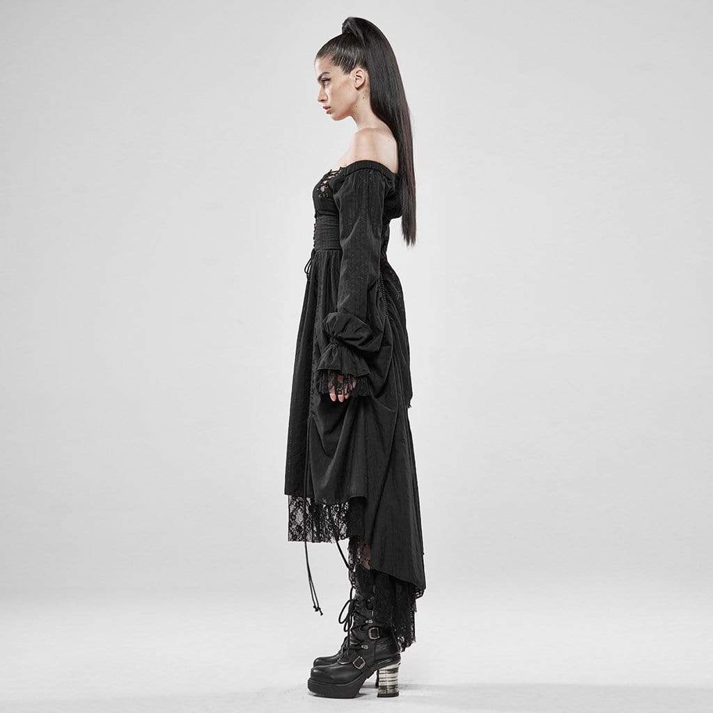 Women's Goth Cold Shoulder Puff Sleeved Little Dresses With Mesh Ruffles - Image 5