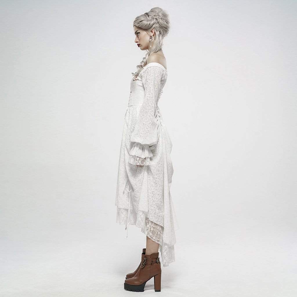 Women's Goth Cold Shoulder Puff Sleeved Little Dresses With Mesh Ruffles - Image 6