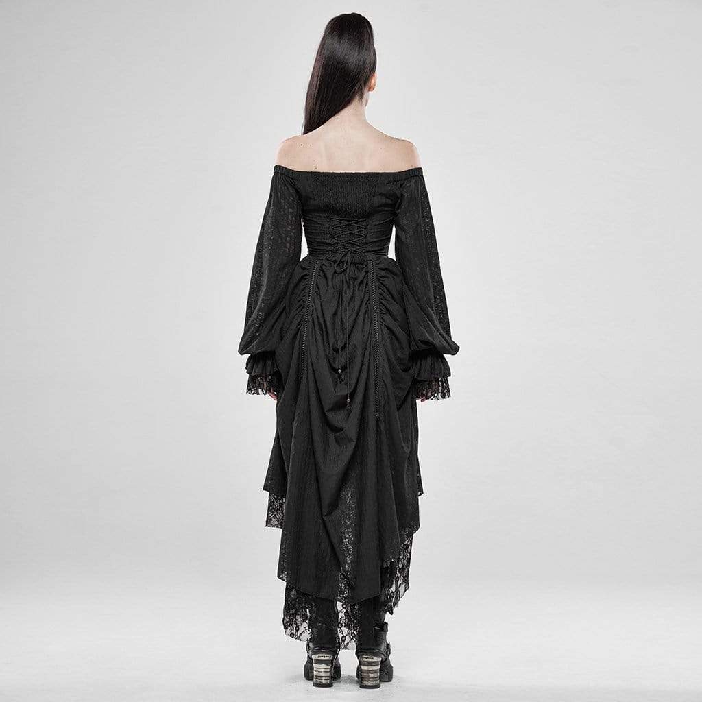 Women's Goth Cold Shoulder Puff Sleeved Little Dresses With Mesh Ruffles - Image 7
