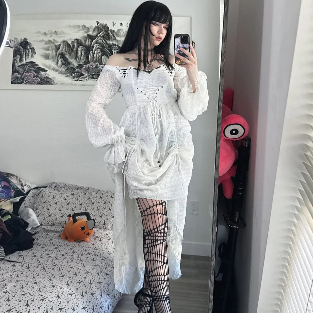 Women's Goth Cold Shoulder Puff Sleeved Little Dresses With Mesh Ruffles - Image 9