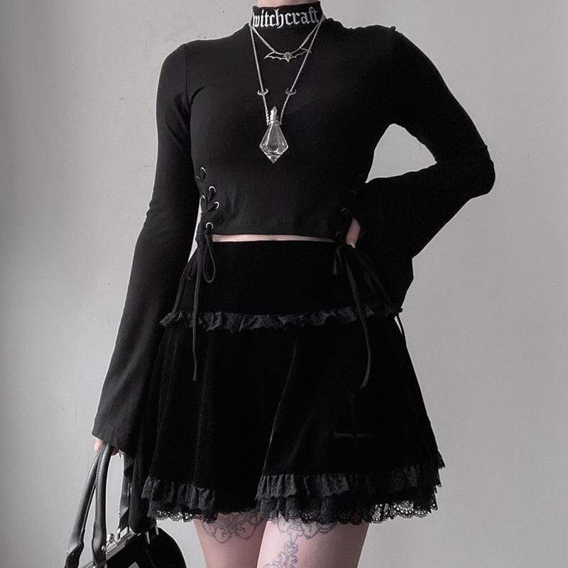 Women's Goth Cross Lace Hem Velet Pleated Skirts - Image 6