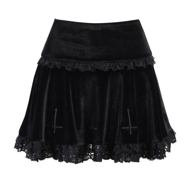 Women's Goth Cross Lace Hem Velet Pleated Skirts - Image 7