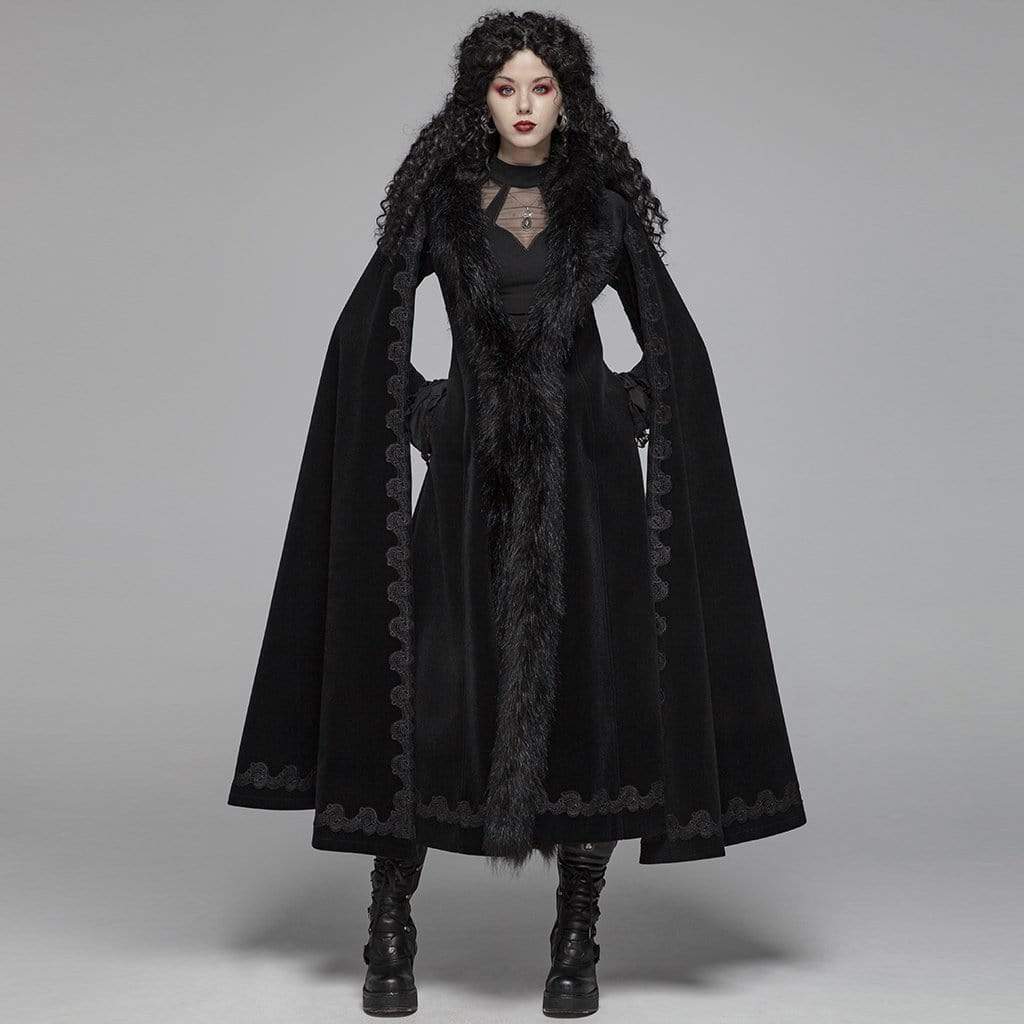 Women's Goth Embroideried Woolen Maxi Coat With Fur Collar - Image 4