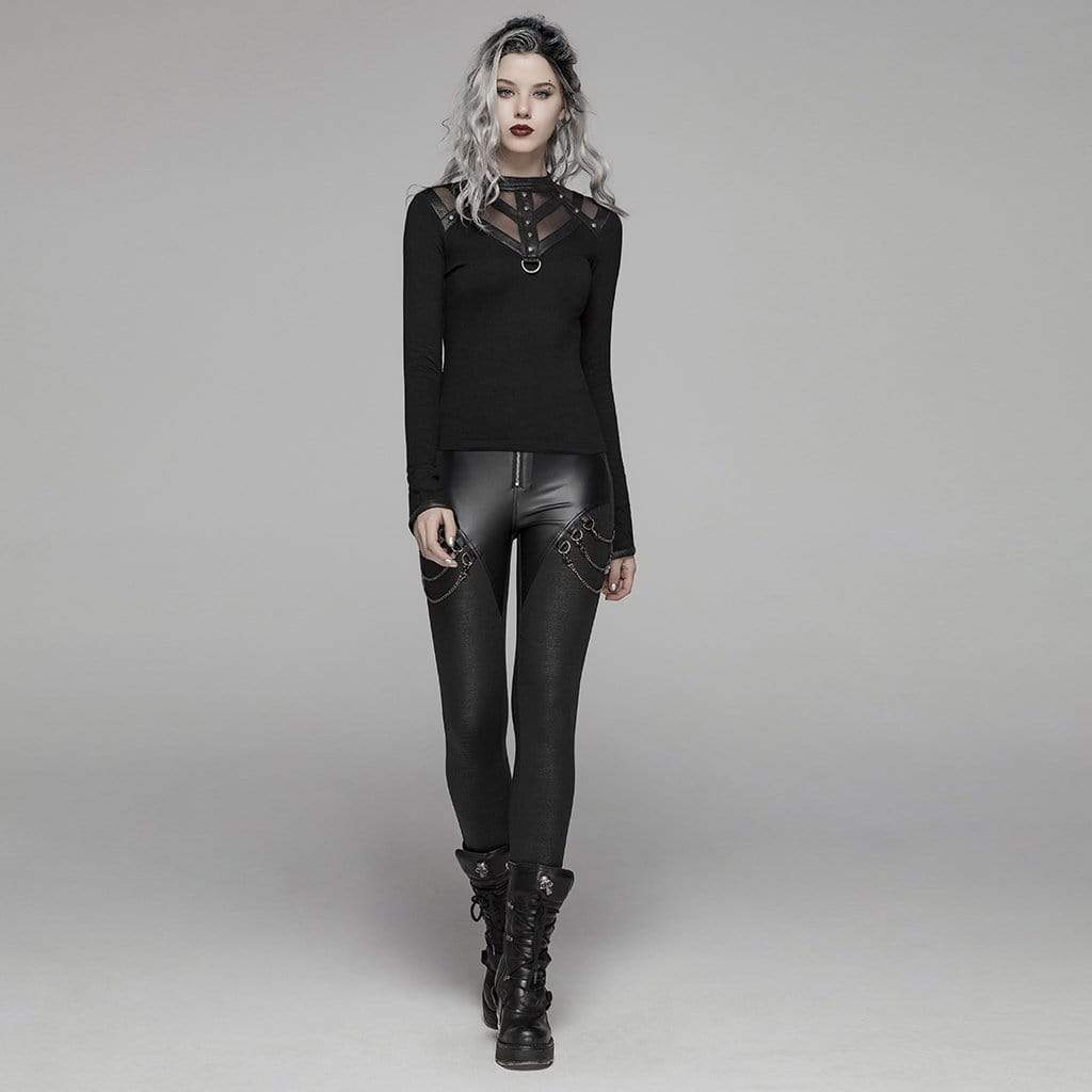 Women's Goth Faux Leather Skinny Leggings With Metal Chains - Image 4