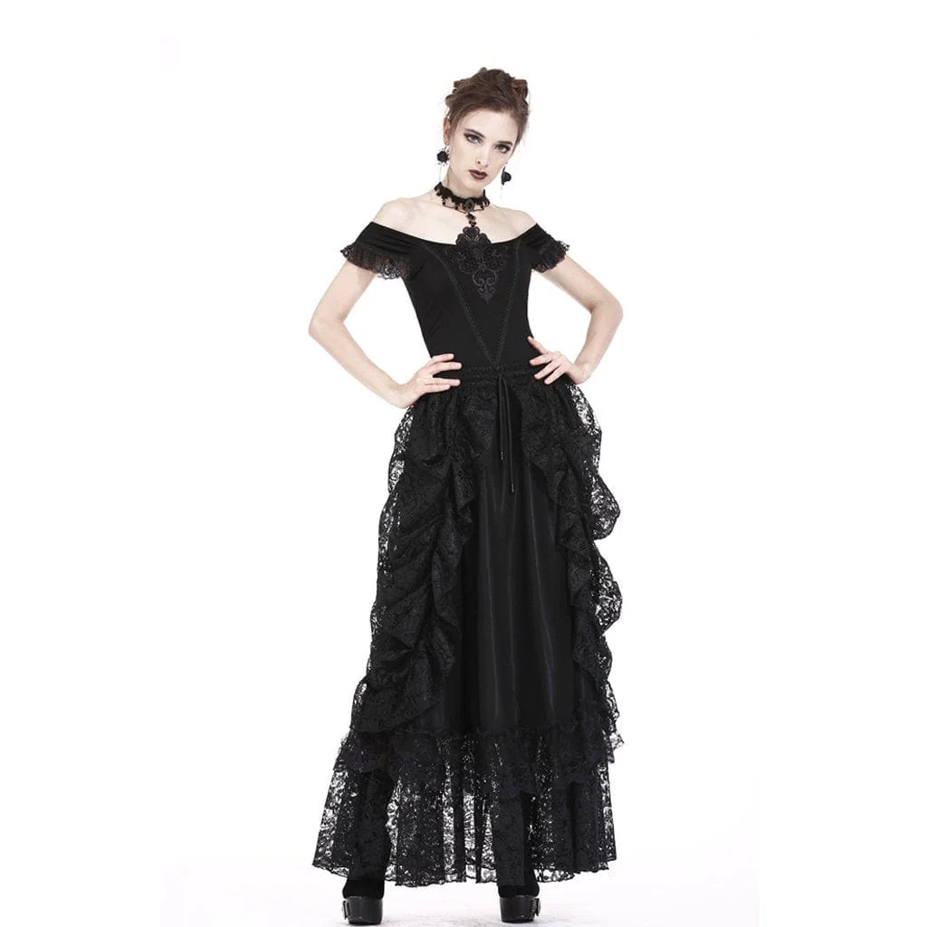Women's Goth Floral Embroideried Off Shoulder Lace Short Sleeved Tops - Image 4