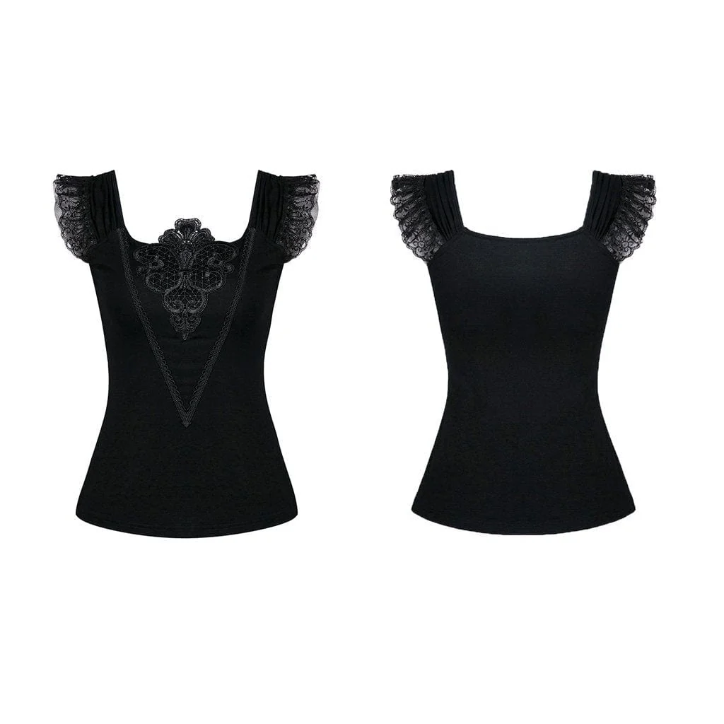 Women's Goth Floral Embroideried Off Shoulder Lace Short Sleeved Tops - Image 5