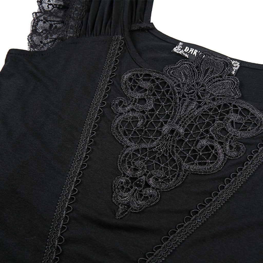 Women's Goth Floral Embroideried Off Shoulder Lace Short Sleeved Tops - Image 6