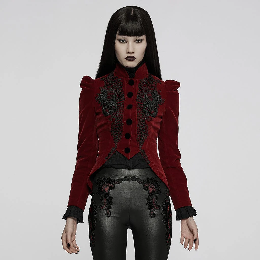 Women's Goth Floral Embroideried Puff Sleeved Velet Short Jackets - Image 4